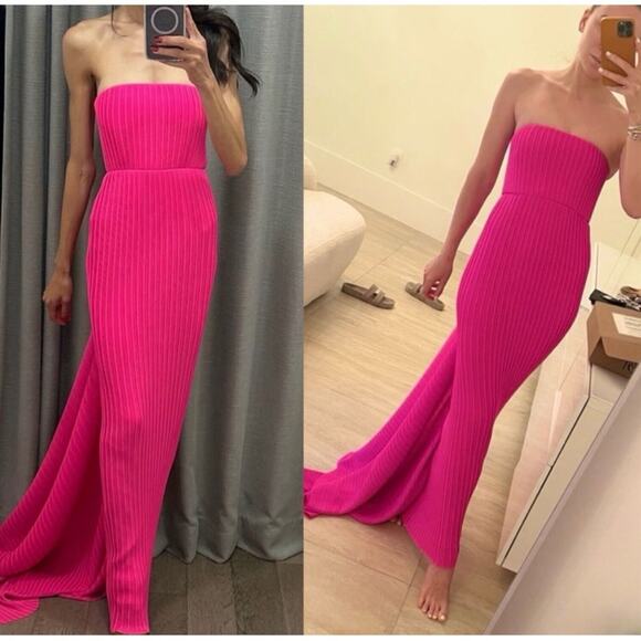 Solace London Harlee Strapless Pleated Chiffon Train Hot Pink Maxi Dress Size 4 - Picture 3 of 12